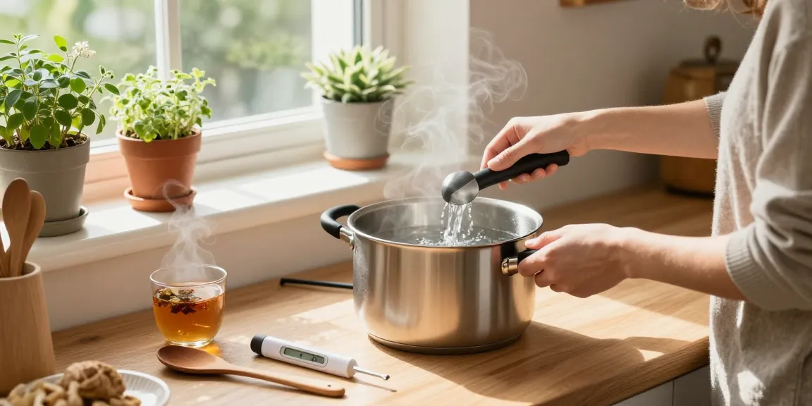 Eine Person, die Wasser aus einem effizienten Wasserboiler in einer gemütlichen Küche mit natürlichem Licht und heimischer Dekoration gießt.