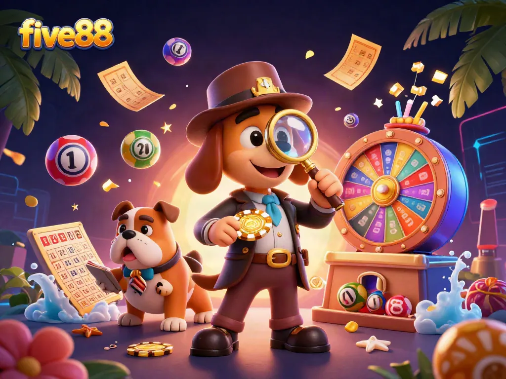 Experience excitement with five88 in a vibrant casino illustration featuring action-packed gaming elements.
