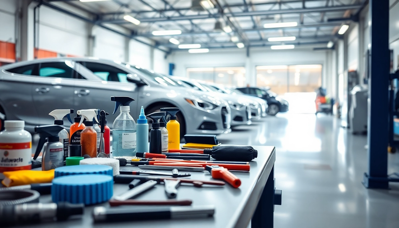 Fahrzeugaufbereitung in einem professionellen Werkstattumfeld mit glänzenden Autos und Werkzeugen.