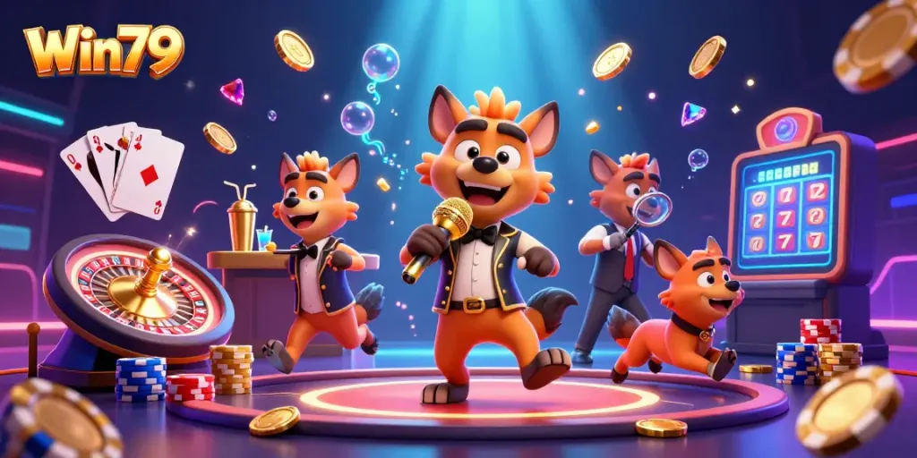 Experience the vibrant and energetic casino nightlife with Win79, featuring animated hyenas in a comedy club scene.
