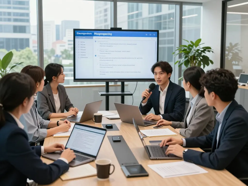 有道翻译团队在现代办公室合作，展示多样化工具和技术以提供高效的多语言服务。