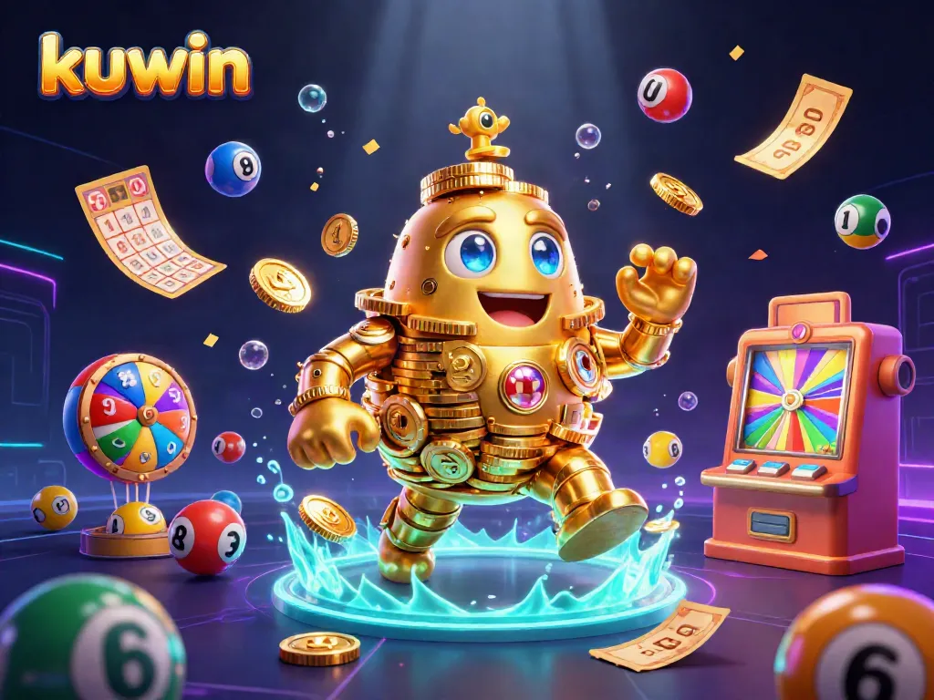 Kuwin engages players with a vibrant 3D gold golem and bouncing lottery symbols in a thrilling casino scene.