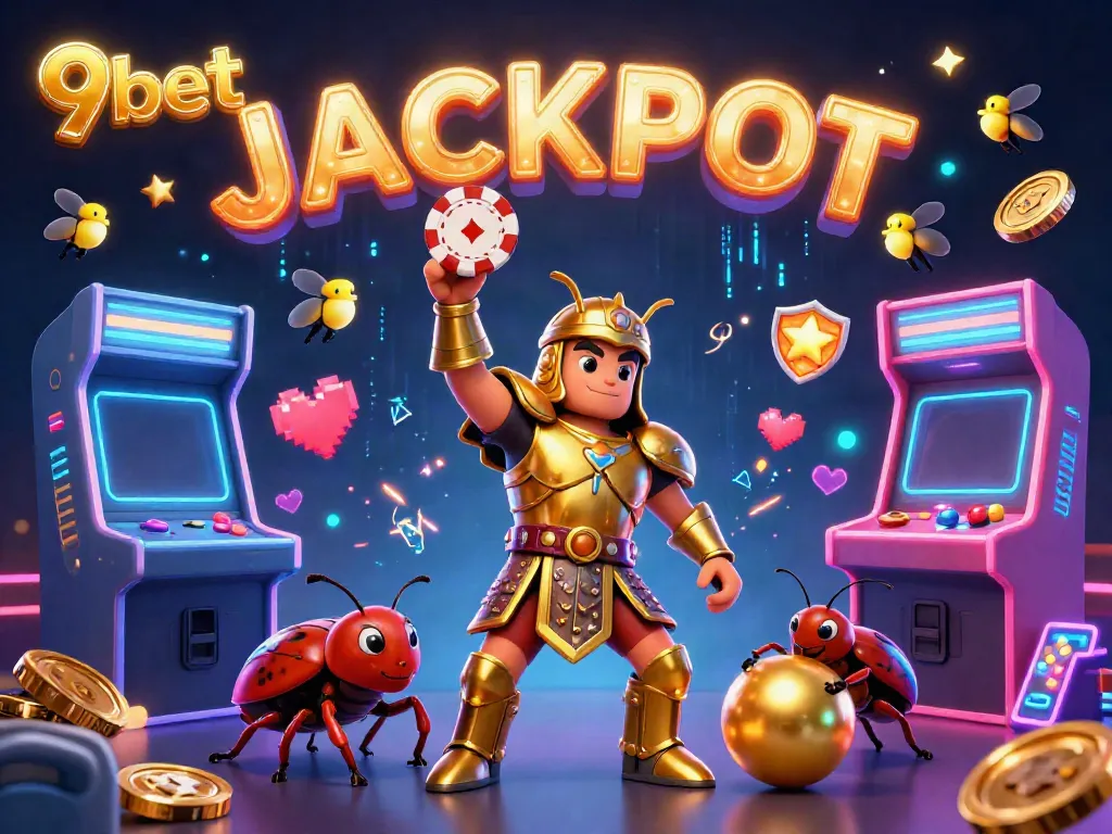 Celebrate wins with 9bet, featuring a victorious beetle lifting a poker chip amid a vibrant casino scene.