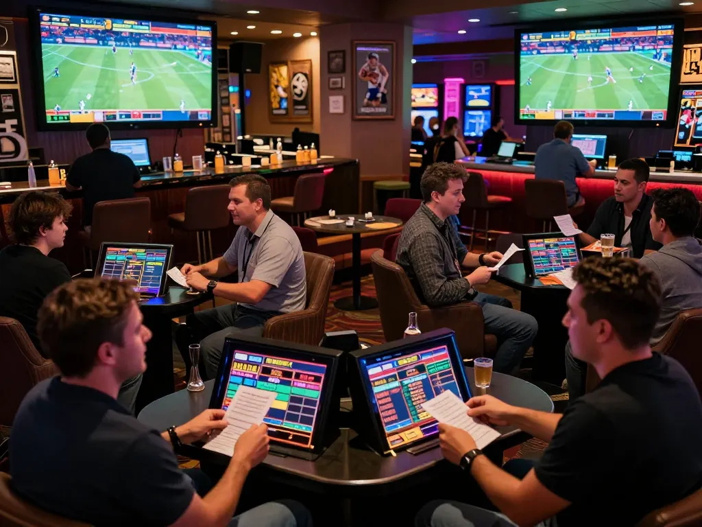 Engaging in kèo nhà cái betting in a lively casino sports lounge, showcasing live matches and excited patrons