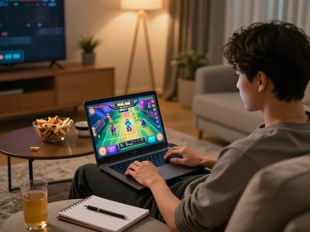 Engaging in an exciting game nổ hũ online at home, player using laptop in cozy setting with snacks.