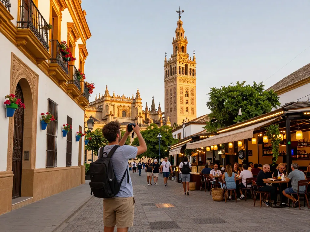Reisetipps Sevilla: Reisender genießt die lebendigen Straßen Sevillas mit dem Real Alcázar und der Kathedrale im Hintergrund zur goldenen Stunde.