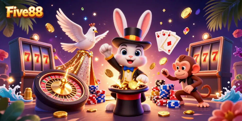 Experience the magic of Five88 with a lively casino scene featuring a magician rabbit, a dove, and a monkey amidst golden coins and poker chips.