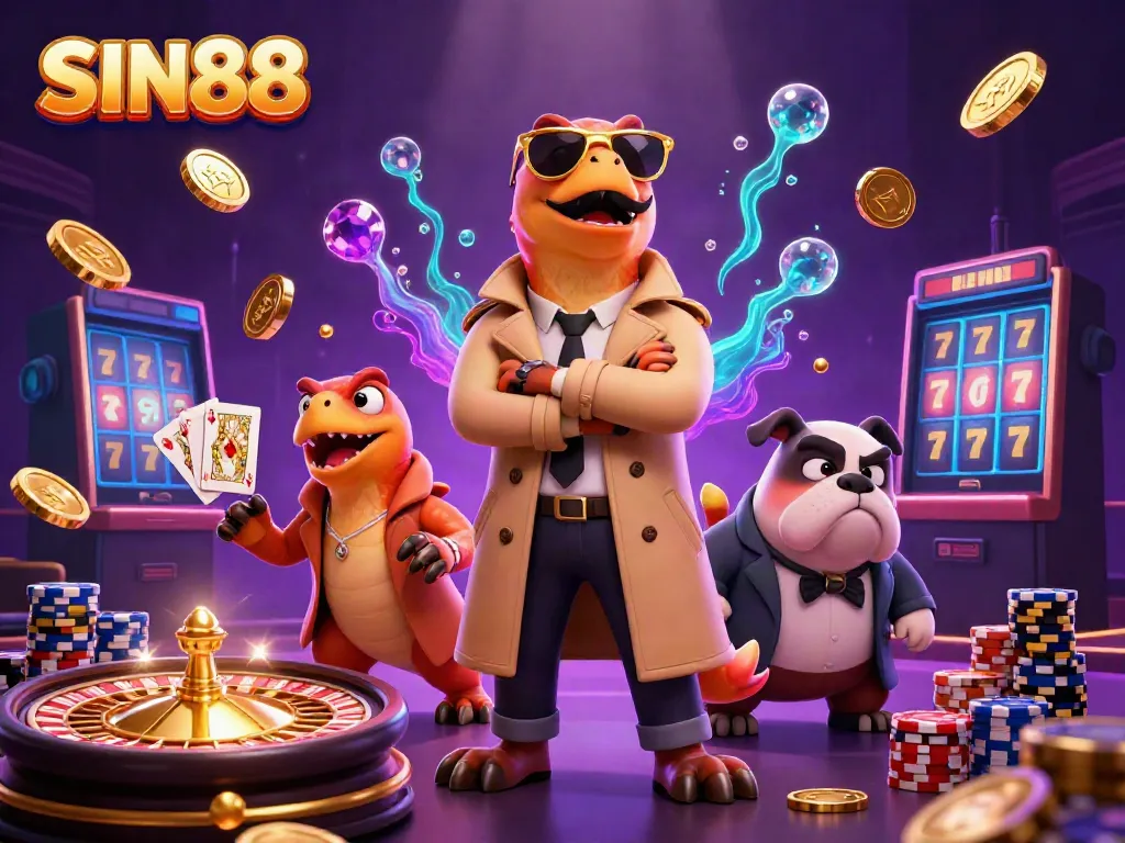 Experience excitement at SIN88 with raptors and a bulldog in a vibrant casino scene.