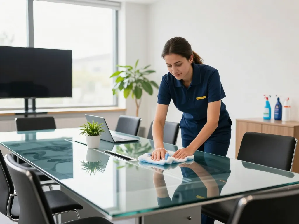 Professioneller Reiniger zeigt effiziente professionelle Gebäudereinigung in Münster in einem modernen Büro