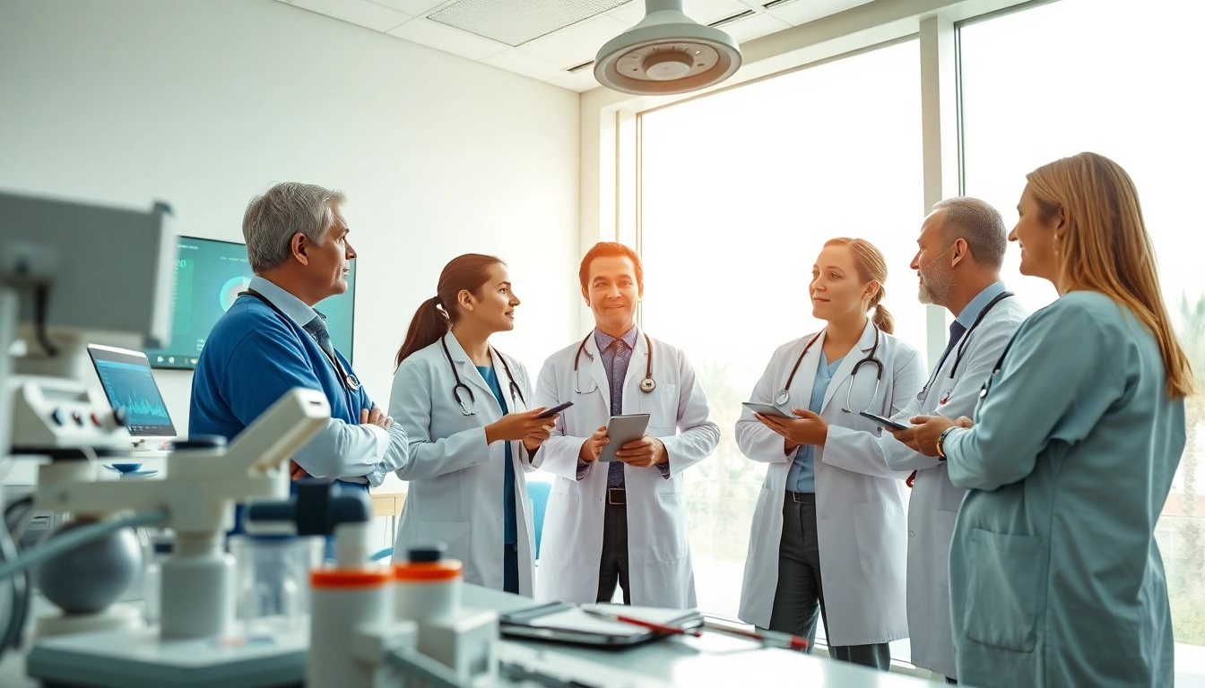 Professionals discussing innovative driada medical solutions in a modern clinic setting.