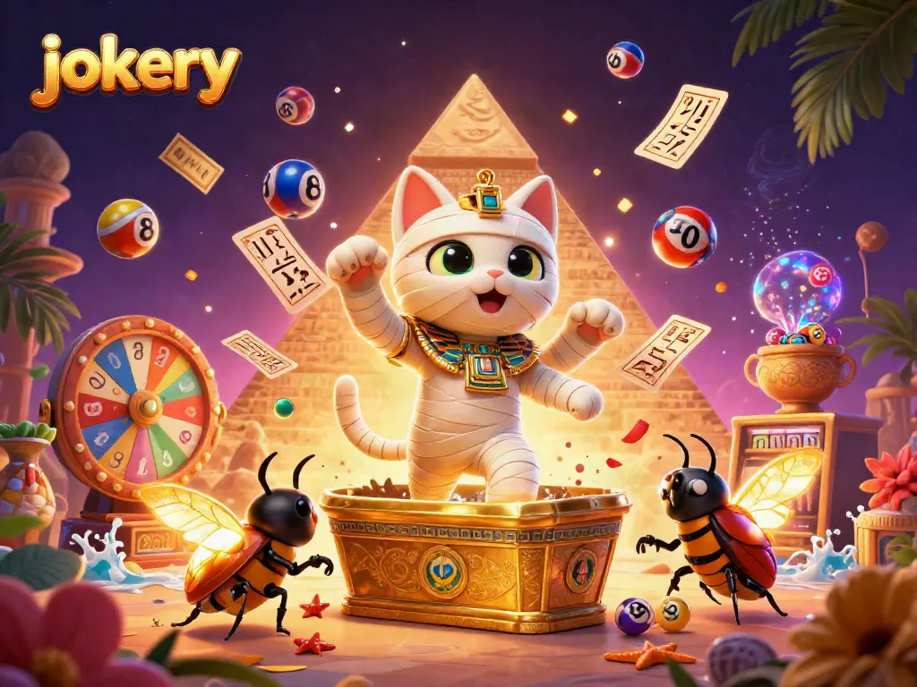 Engage with jokery-themed fun in a vibrant, animated casino scene, featuring a mummy cat and glowing scarab.
