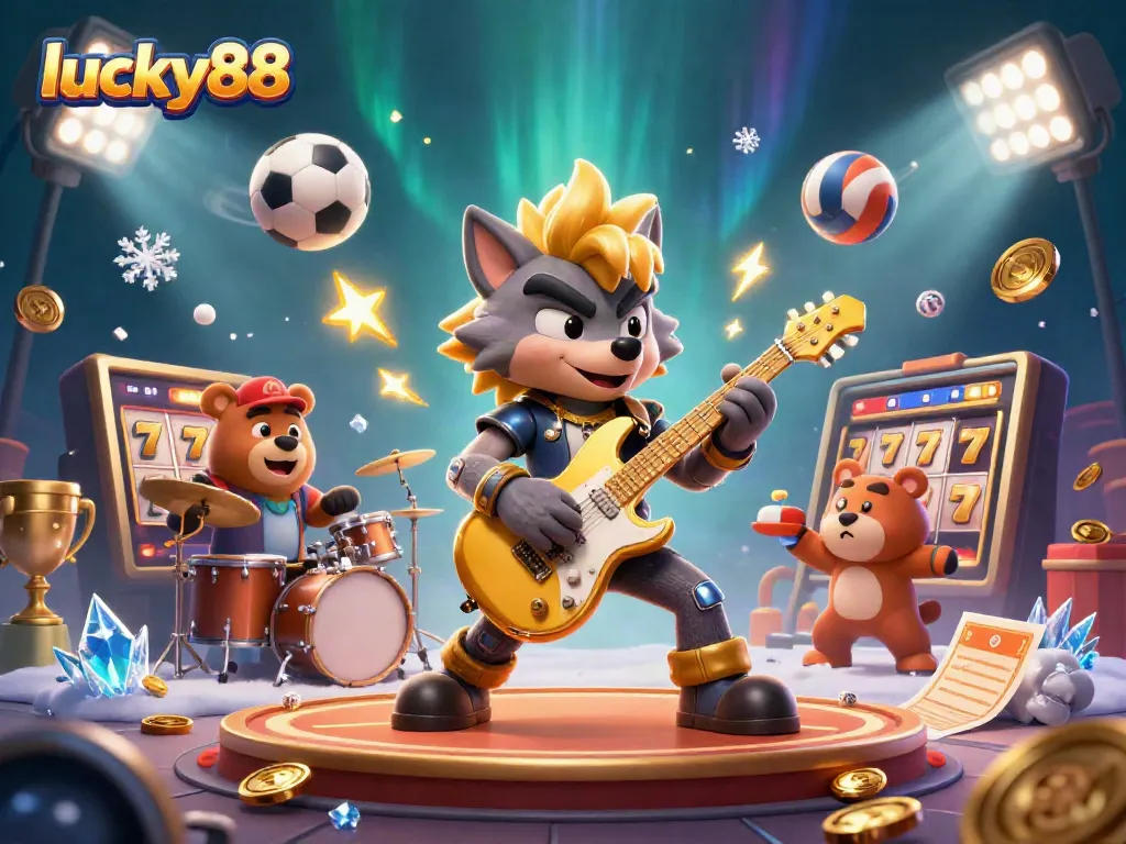 Experience thrilling gameplay with lucky88 as a wolf rock star performs on stage, surrounded by vibrant casino and sports elements.
