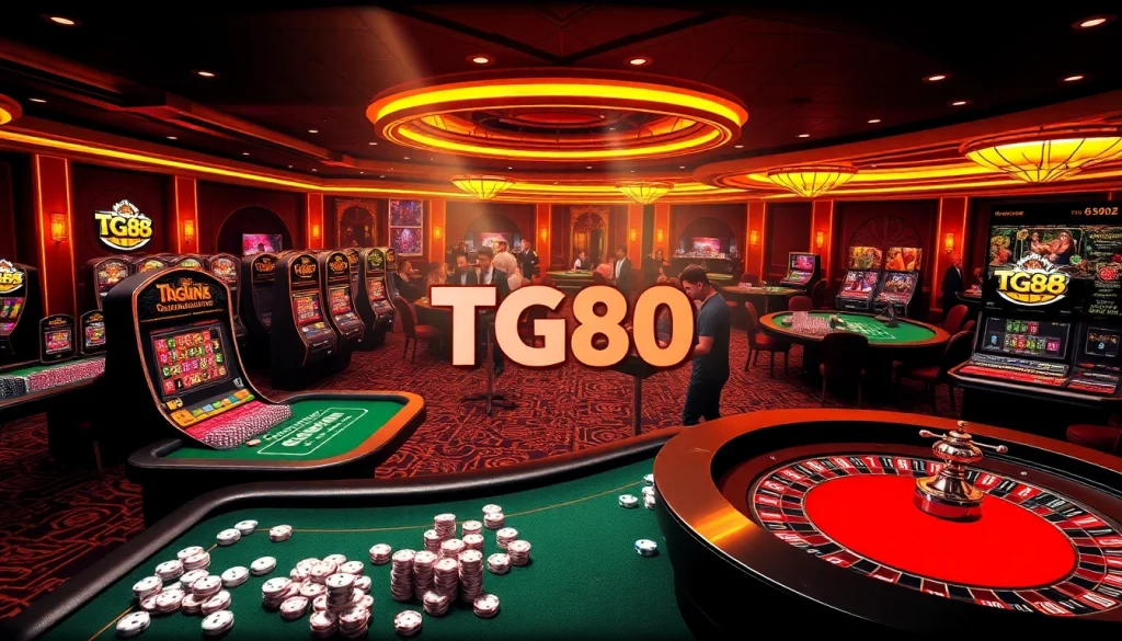 A dynamic scene of TG88 casino gameplay featuring vibrant tables, slot machines, and excited players.
