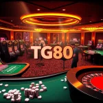 A dynamic scene of TG88 casino gameplay featuring vibrant tables, slot machines, and excited players.