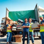 Schrottabholung Düsseldorf Team lädt Schrott auf einen LKW, zeigt freundlichen, professionellen Service.