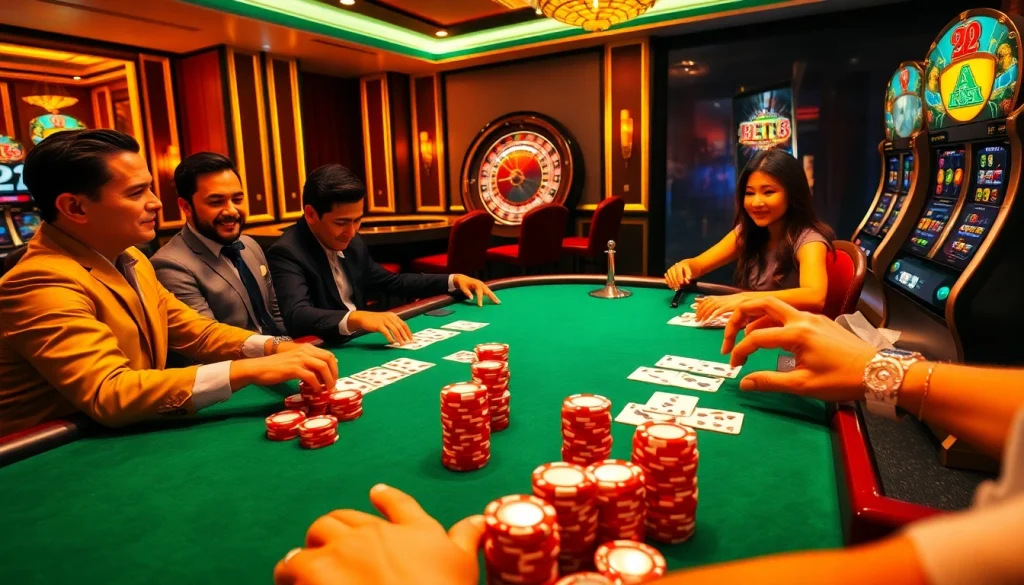 Experience the thrill of gambling at BET88's luxurious casino tables with vibrant slot machines.