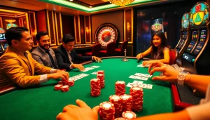 Experience the thrill of gambling at BET88's luxurious casino tables with vibrant slot machines.