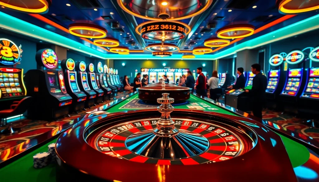 ZB368 players experiencing thrilling moments at a luxurious casino table with vibrant slot machines.