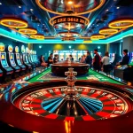 ZB368 players experiencing thrilling moments at a luxurious casino table with vibrant slot machines.
