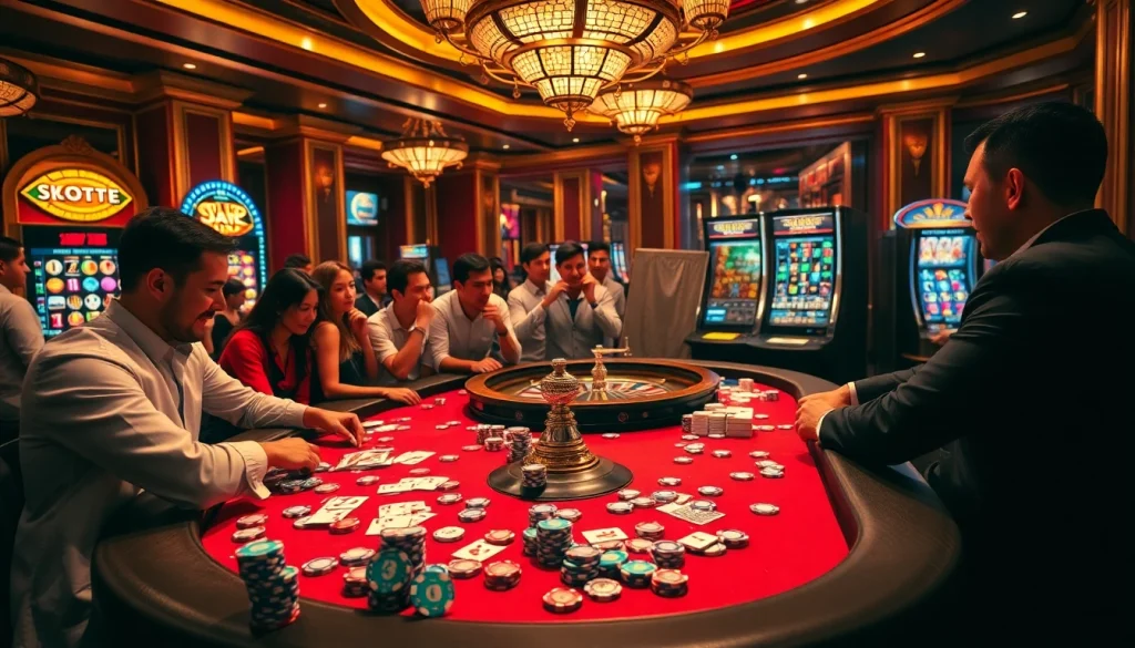 Exciting S8 poker table scene with casino players engaged in high-stakes gameplay and vibrant slot machines.