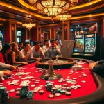 Exciting S8 poker table scene with casino players engaged in high-stakes gameplay and vibrant slot machines.