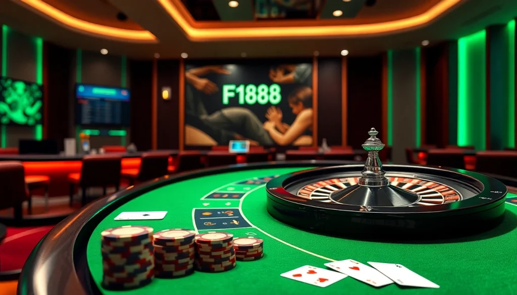 Experience the thrill of F168 casino gaming with vibrant poker chips and roulette.