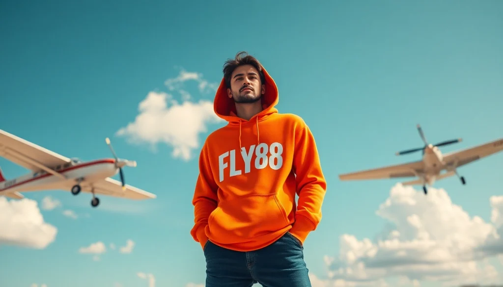 FLY88 aviation-inspired hoodie showcased in a vibrant outdoor setting, capturing the spirit of adventure.