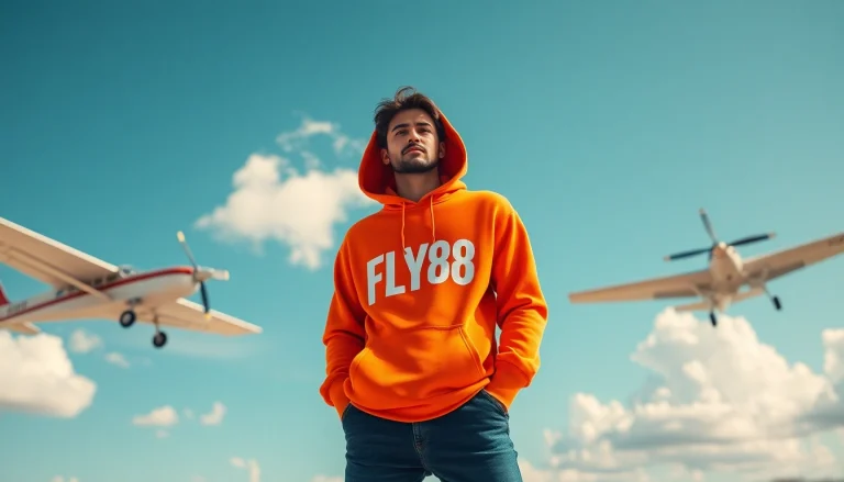 FLY88 aviation-inspired hoodie showcased in a vibrant outdoor setting, capturing the spirit of adventure.