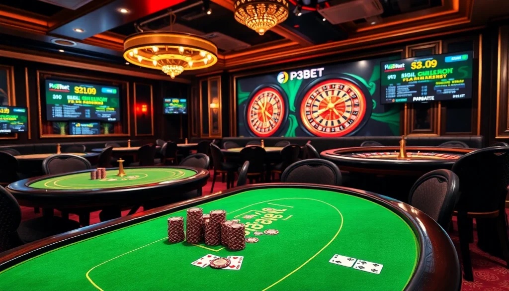 A thrilling P3bet casino scene showcasing poker chips, playing cards, and a spinning roulette wheel.