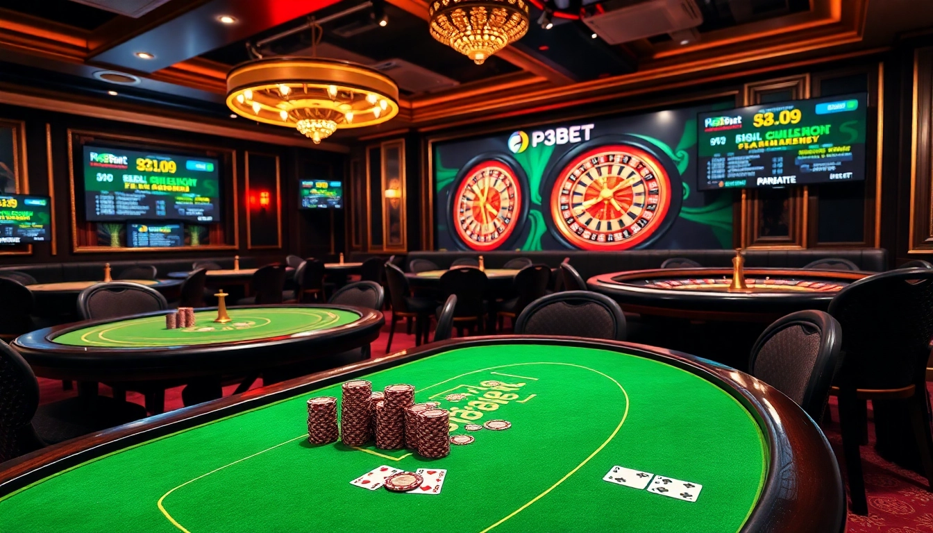 A thrilling P3bet casino scene showcasing poker chips, playing cards, and a spinning roulette wheel.