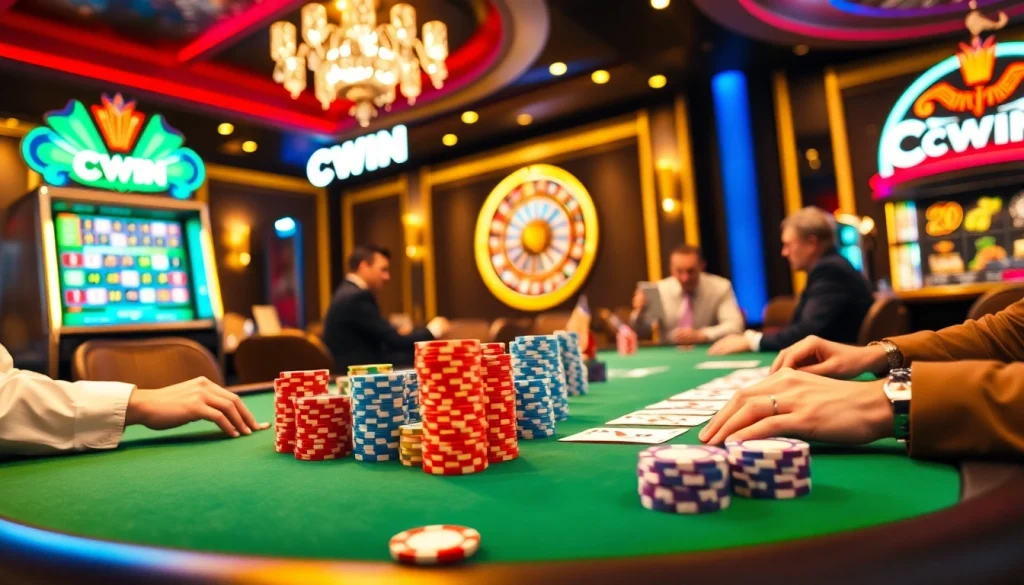 Players placing bets and strategizing at a poker table in a vibrant casino environment featuring CWIN.
