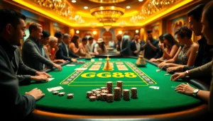 Players enjoying an exciting game at GG88 casino table, showcasing chips and cards.