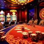 Experience thrilling gameplay at GOOD88 with vibrant poker tables, colorful slot machines, and luxurious casino decor.