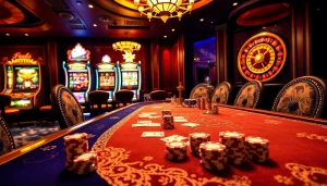 Experience thrilling gameplay at GOOD88 with vibrant poker tables, colorful slot machines, and luxurious casino decor.