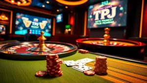 TPJ poker table setting with vibrant chips and cards, enhancing the gaming experience.
