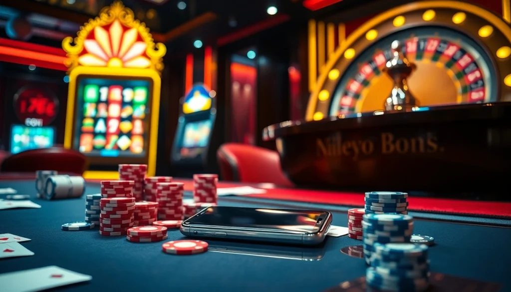 Exciting casino scene featuring the S8 smartphone surrounded by chips and gaming elements.