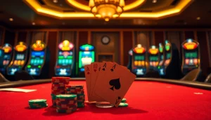 Experience the thrill of BK8 with a vibrant casino scene featuring poker chips and slot machines.