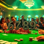 Players engage in high-stakes poker at a luxurious casino table adorned with 6789 elements.