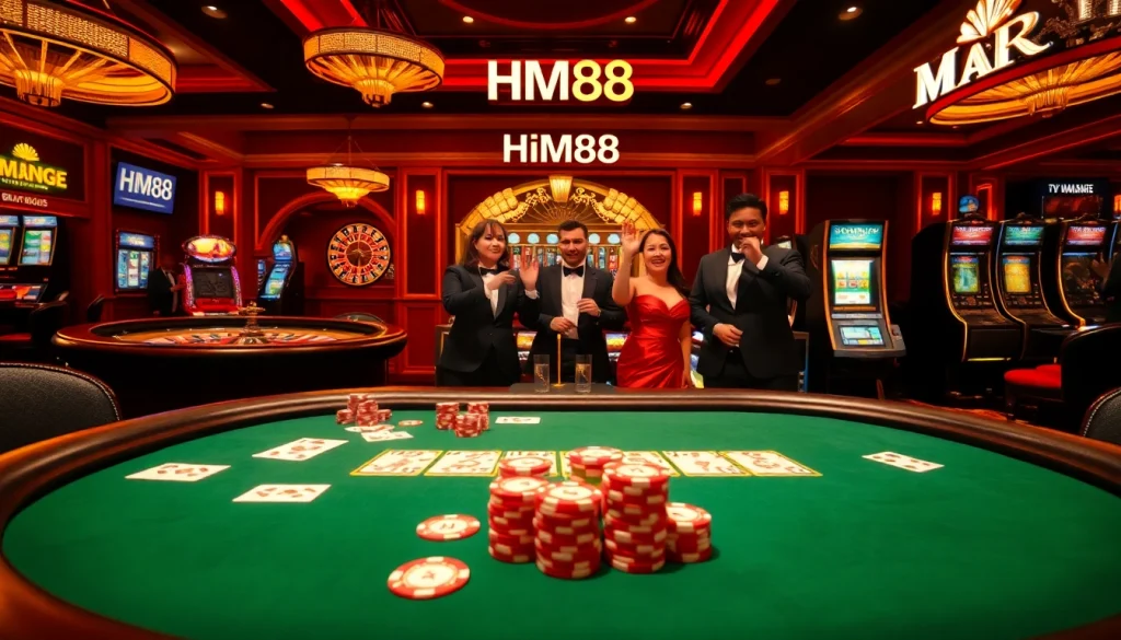 Celebrate wins at HM88’s luxury casino, featuring poker tables, roulette wheels, and vibrant slot machines.