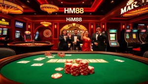 Celebrate wins at HM88’s luxury casino, featuring poker tables, roulette wheels, and vibrant slot machines.