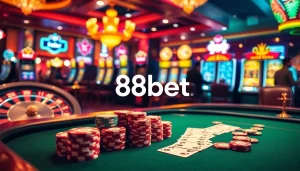 Engaging players enjoying a vibrant casino atmosphere at 88bet with poker tables, slots, and roulette.