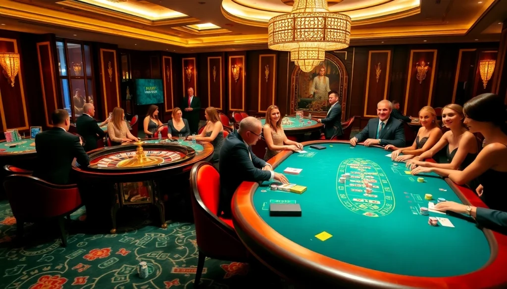 Players enjoying poker and blackjack at 368BET's luxurious casino tables with vibrant chips.