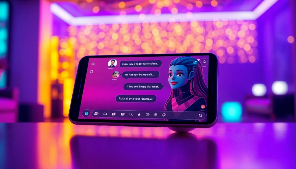 Engaging ai porn chat between user and AI companion in a vibrant digital setting.