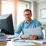 Beeidigter Übersetzer arbeitet in einer professionellen Büro-Umgebung.