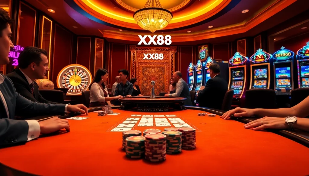 Experience thrilling gameplay at XX88 casino with vibrant poker tables and roulette wheels.
