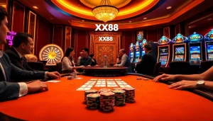 Experience thrilling gameplay at XX88 casino with vibrant poker tables and roulette wheels.