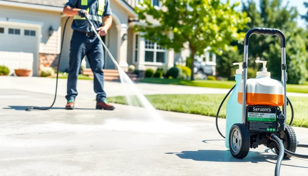 Concrete cleaning by a professional with a pressure washer on a sunny day, showcasing a clean driveway.