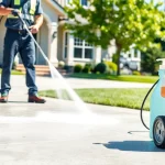 Concrete cleaning by a professional with a pressure washer on a sunny day, showcasing a clean driveway.