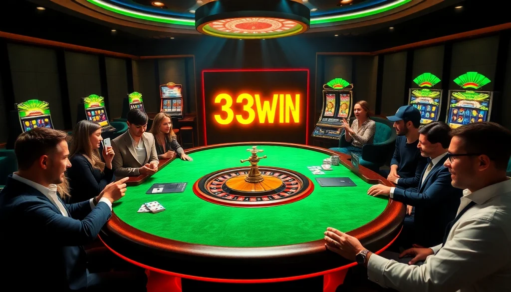 Engaged gamblers enjoy a thrilling session at 33WIN casino, featuring vibrant tables and roulette wheels.