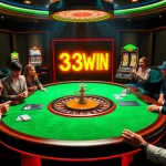 Engaged gamblers enjoy a thrilling session at 33WIN casino, featuring vibrant tables and roulette wheels.